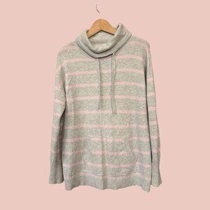 Women’s Light Gray with Pink Stripes Drawstring Neck Pocket Sweater-Size‎ L